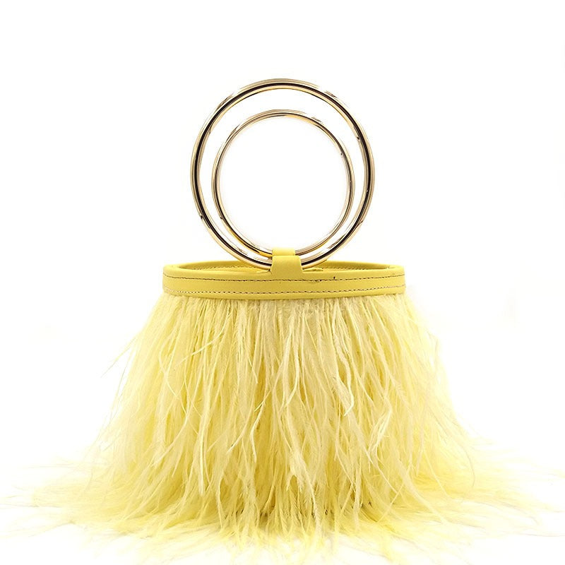 Ostrich Feather Chain Bag – Luxury Round Shoulder Bag with Ring Detail
