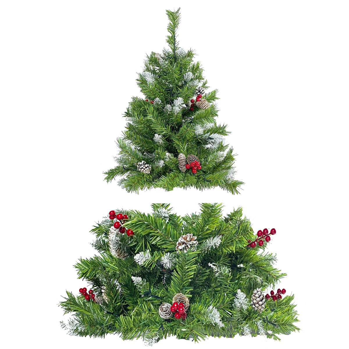 Classic Green Christmas 4-Piece Set – 2 Entrance Trees, Garland & Wreath with 340 LED Lights