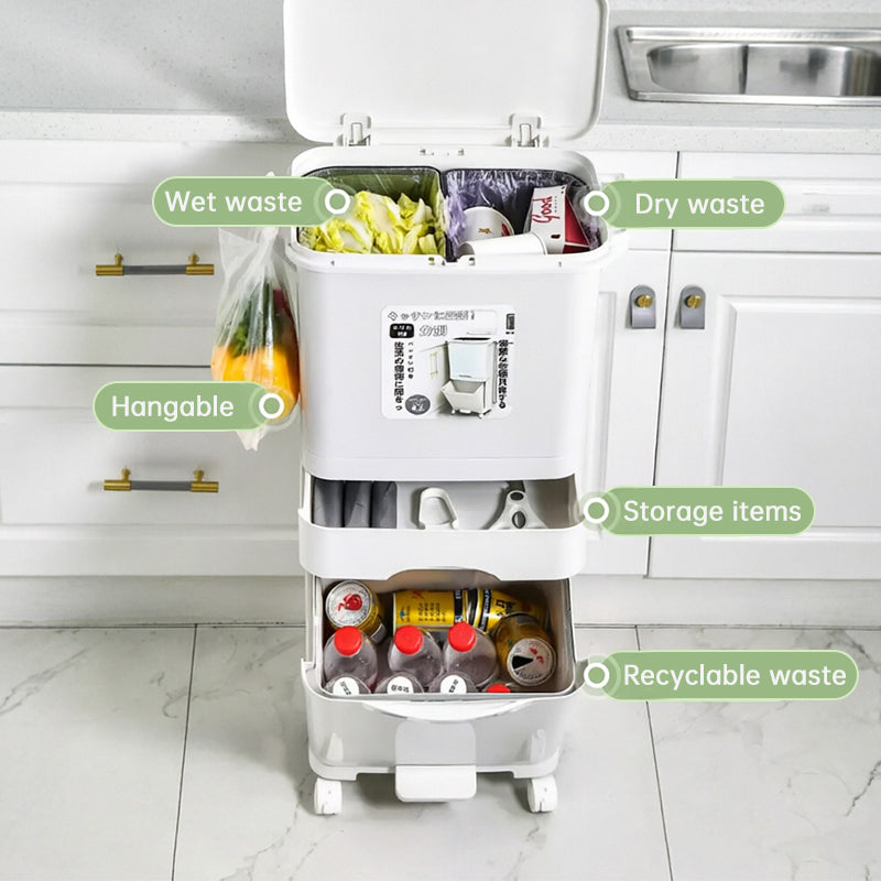 42L Kitchen Recycling Bin with Pedal & Wheels - 3 Compartment Sorting Bin