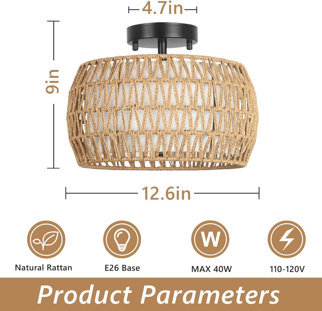 Boho Rattan Ceiling Light with Fabric Shade - Hand-Woven Semi Flush Mount, Farmhouse Style, Brown