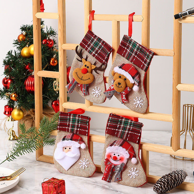 Mini Christmas Stocking Tree Pendant & Gift Bag - Santa, Snowman, Reindeer & Bear (15x10cm)
