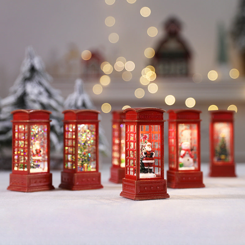 Christmas Lighted Phone Booth Ornament - Festive Desktop Scene Decoration in 6 Designs