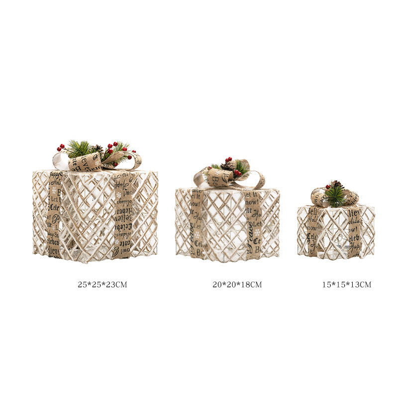 Luminous LED Christmas Gift Box Set - Iron & PVC Stacked Ornament in 3 Styles (3-Piece Set)
