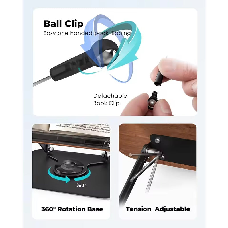 Adjustable 360 Degree Rotating Book Stand with Elastic Clips - For Cookbooks, Laptops and More