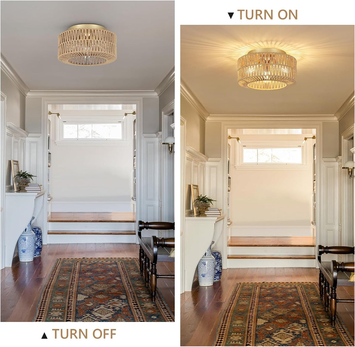 Boho 3-Light Rattan Ceiling Light - Farmhouse Flush Mount Fixture with Hand-Woven Shade, Brown & Gold