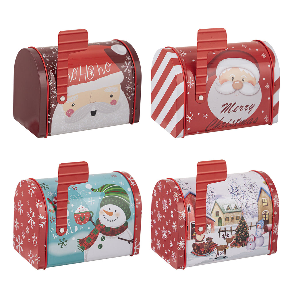 Christmas Tin Mailbox Gift Box - Festive Tinplate Candy & Gift Box in 4 Designs (12.5 x 13.5 x 8cm)