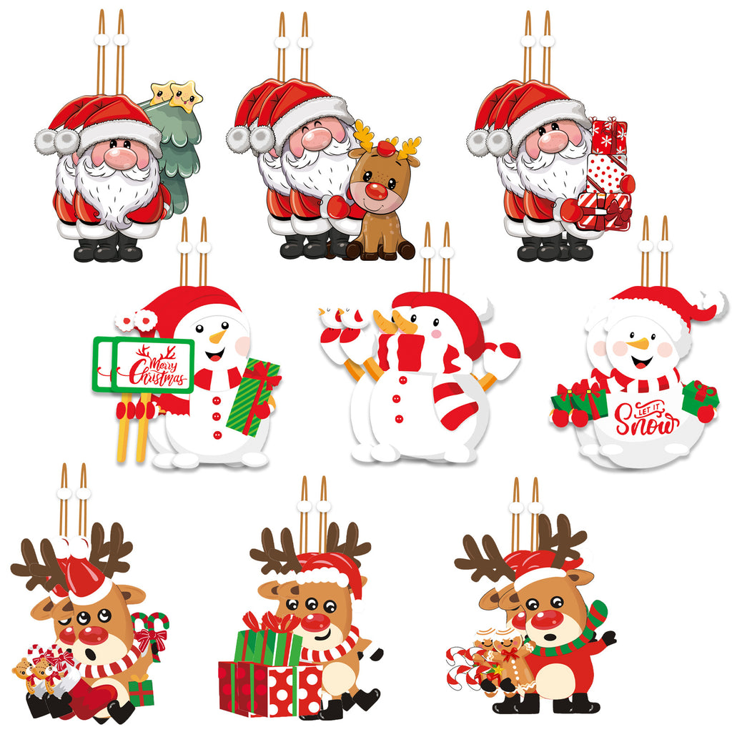 9-Piece Wooden Christmas Tree Pendant Set - Santa, Snowman & Reindeer Triple Panel Ornament