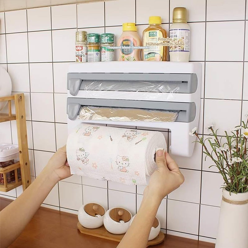3-in-1 Wall Kitchen Roll Holder – Foil, Cling Film & Paper Towel Dispenser with Magnetic Cutter
