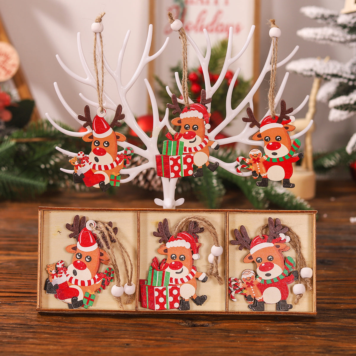 9-Piece Wooden Christmas Tree Pendant Set - Santa, Snowman & Reindeer Triple Panel Ornament