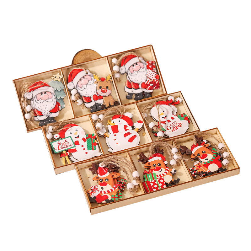 9-Piece Wooden Christmas Tree Pendant Set - Santa, Snowman & Reindeer Triple Panel Ornament
