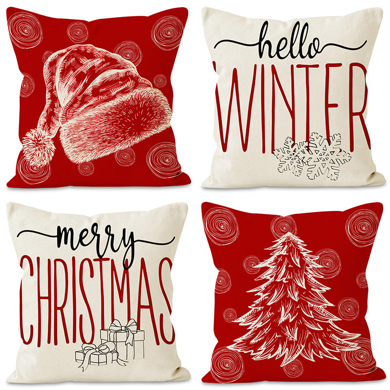 Christmas Linen Cushion Cover - Festive Print Pillowcase in 4 Designs (45x45cm)