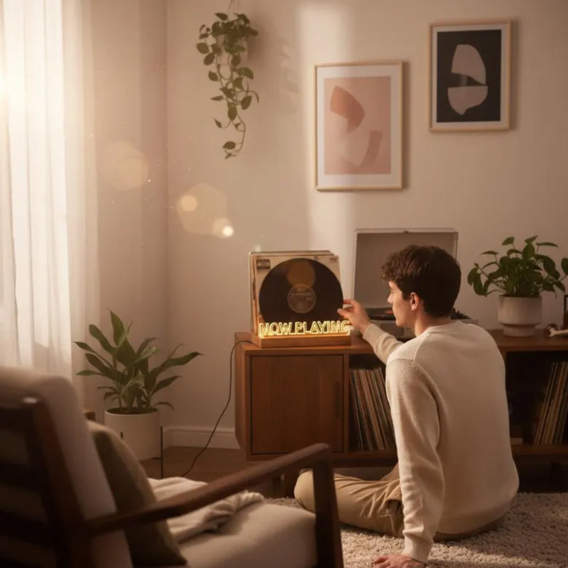 LED Wooden Vinyl Record Stand - Illuminated LP Album Display for Home, Cafe & Office