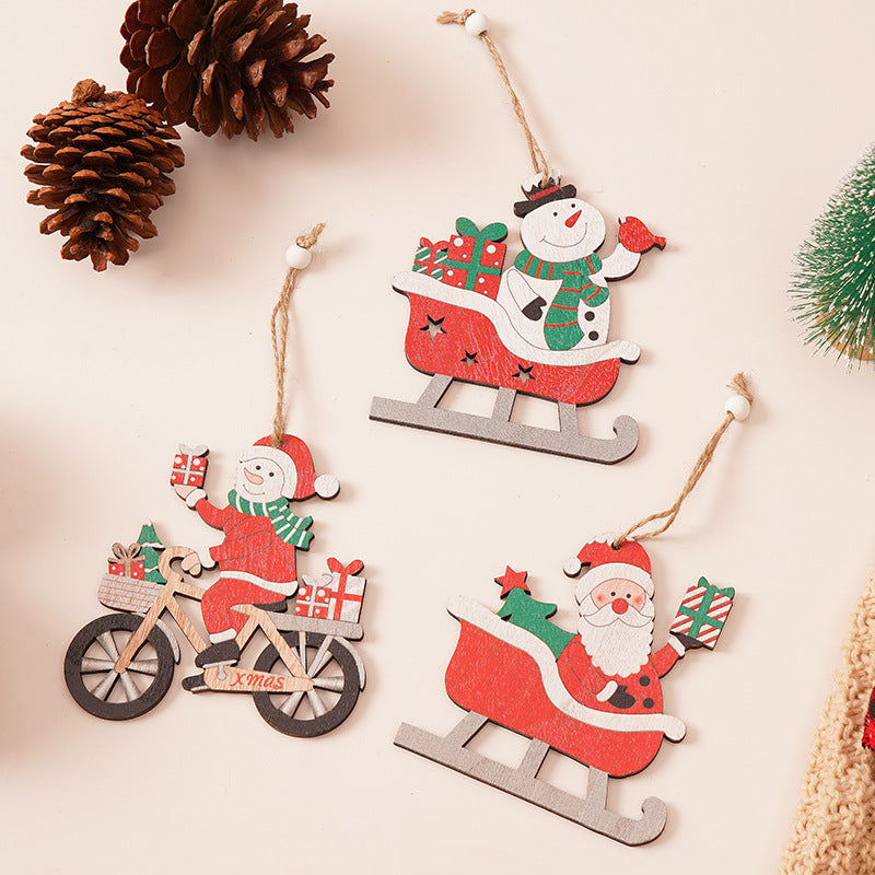 Christmas Wooden Plush Tree Decorations with Santa Claus, Snowman, Reindeer Hanging Ornaments
