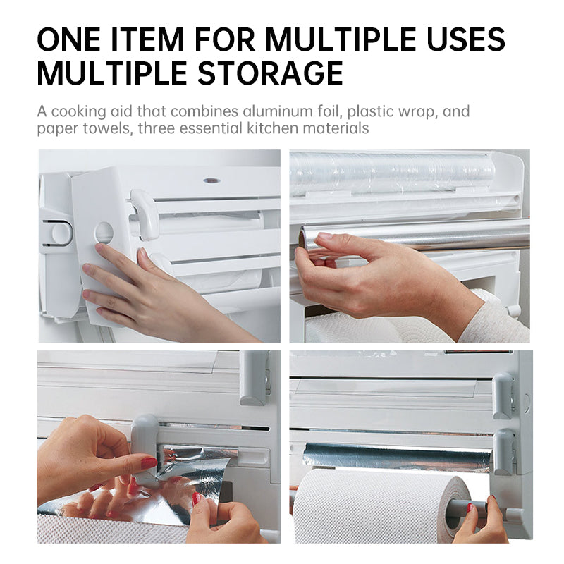 3-in-1 Wall Kitchen Roll Holder – Foil, Cling Film & Paper Towel Dispenser with Magnetic Cutter