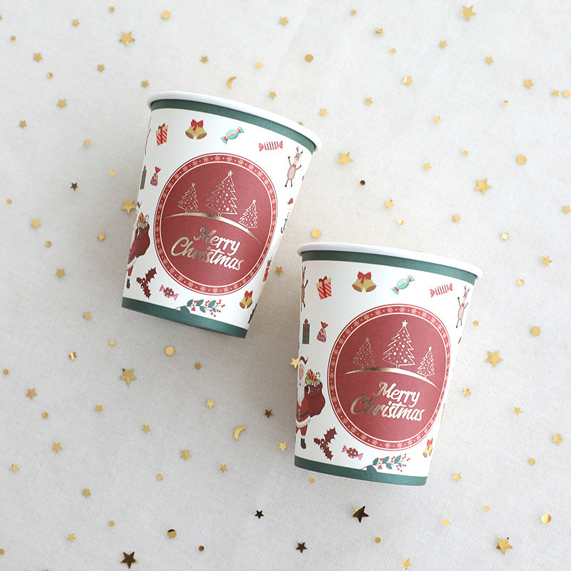Christmas themed party supplies, lace disposable paper plates, paper cups, tissue tablecloths, dining plates, Christmas cutlery sets