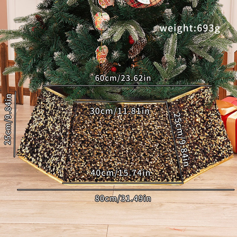 Black & Gold Sequin Christmas Tree Skirt - Glamorous Base Decoration in Round, Four-Corner & Six-Corner Styles