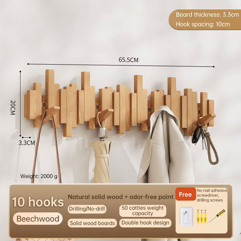Solid Beech Wood Piano Key Wall Hook Rack - No Drill or Screw Mount, Entryway Coat and Bag Organiser