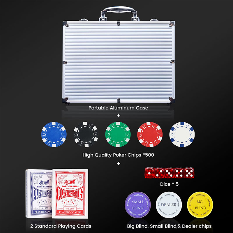 500 PCS Poker Chip Set – Texas Hold'em Casino Kit with Aluminium Briefcase, Dice, Cards & Dealer Button