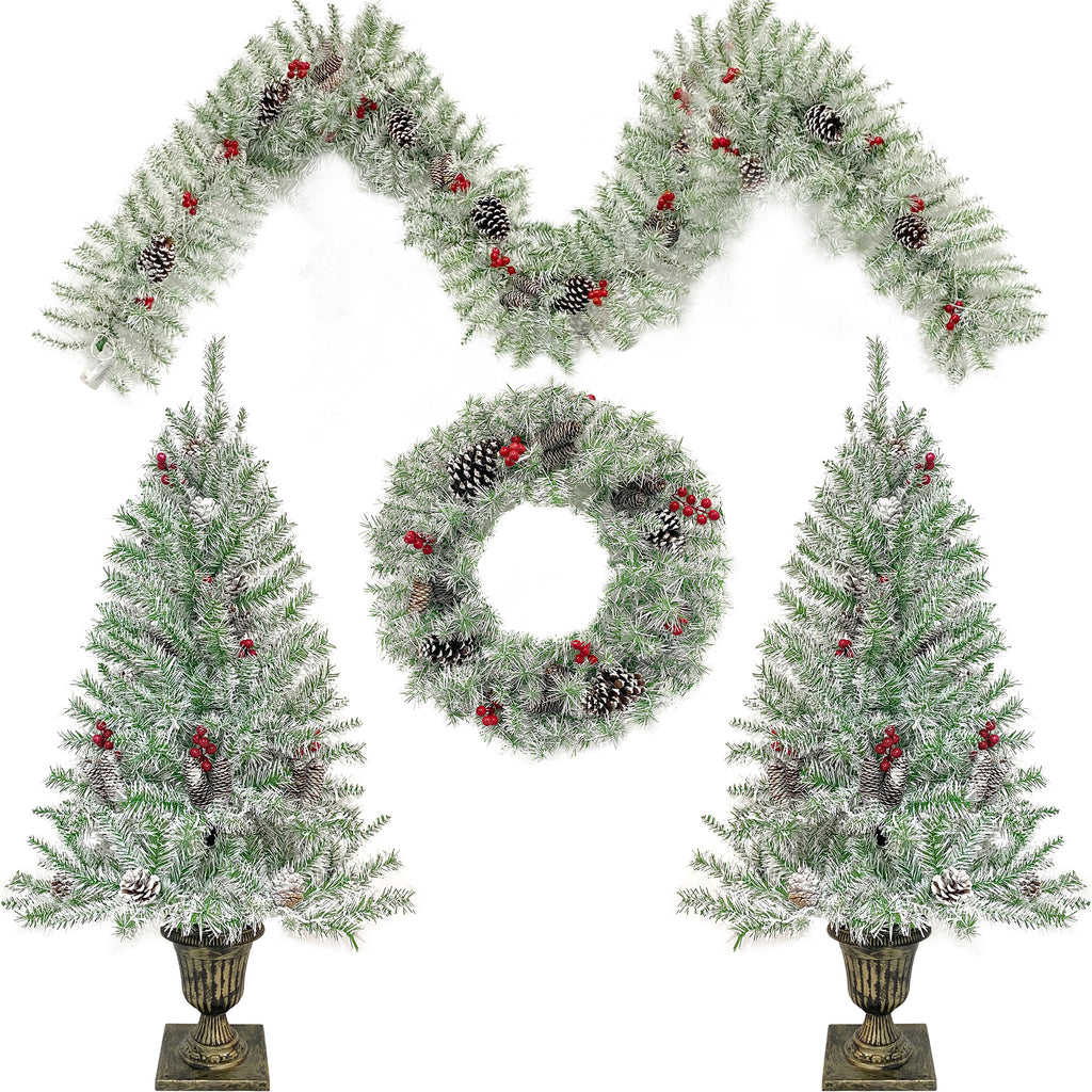 Pre-Lit Christmas 4-Piece Set – 2 Entrance Trees, Garland & Wreath with 340 LED Lights