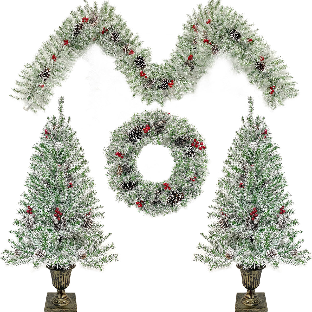 Pre-Lit Christmas 4-Piece Set – 2 Entrance Trees, Garland & Wreath with 340 LED Lights