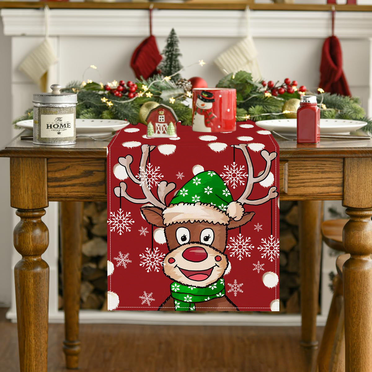 Christmas Reindeer & Snowflake Linen Table Runner - Festive Cartoon Polka Dot Dining Decoration (33 x 183cm)
