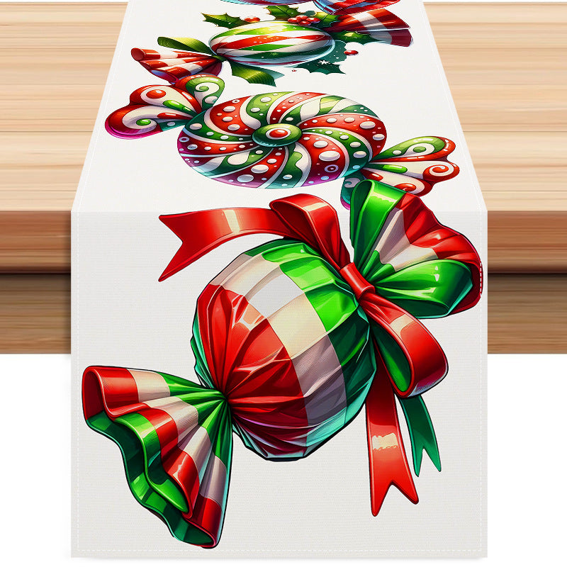 Christmas Candy Print Table Runner - Festive White Hemp Dining Decoration (33 x 183cm)
