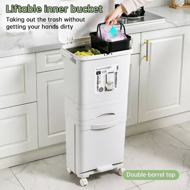 42L Kitchen Recycling Bin with Pedal & Wheels - 3 Compartment Sorting Bin