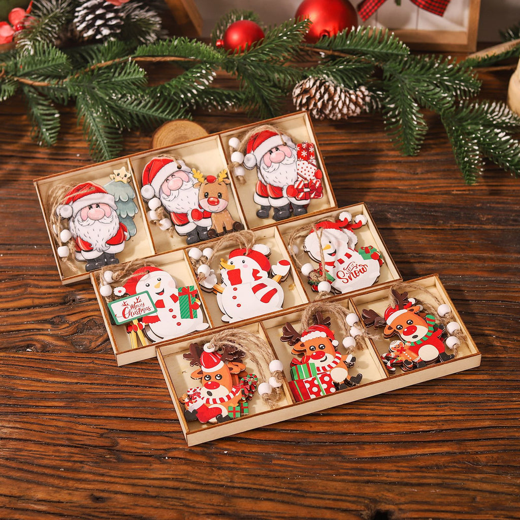 9-Piece Wooden Christmas Tree Pendant Set - Santa, Snowman & Reindeer Triple Panel Ornament