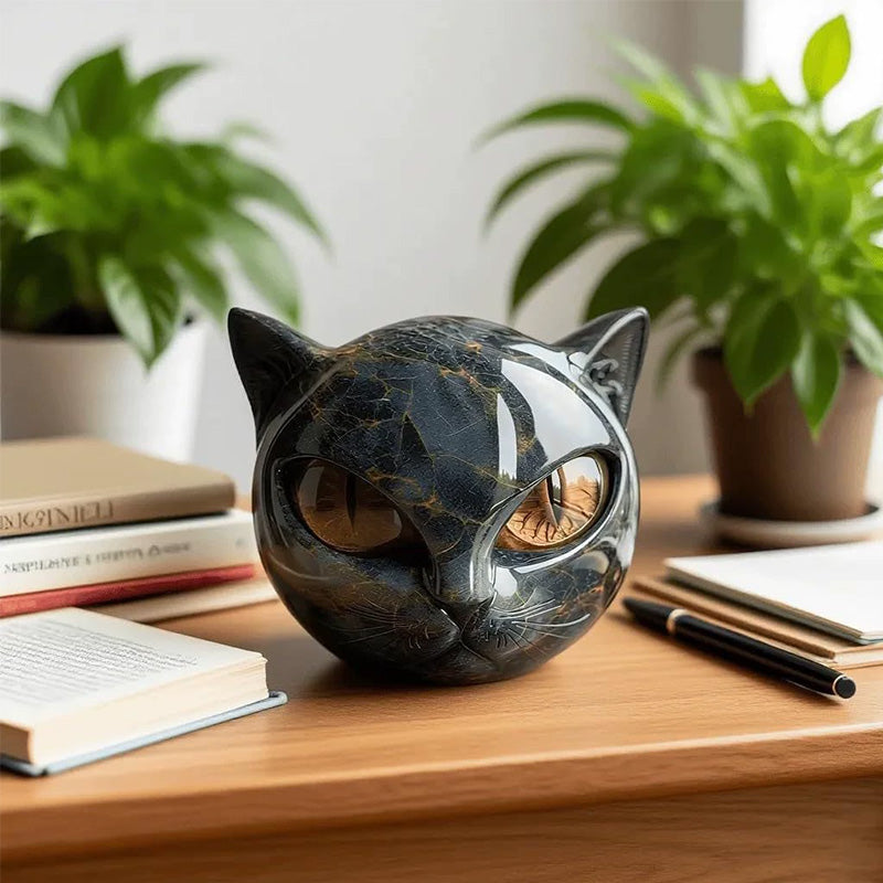 Black Cat Stone Statue - Resin and Marble Texture Healing Figurine, Home and Office Desk Decor Gift