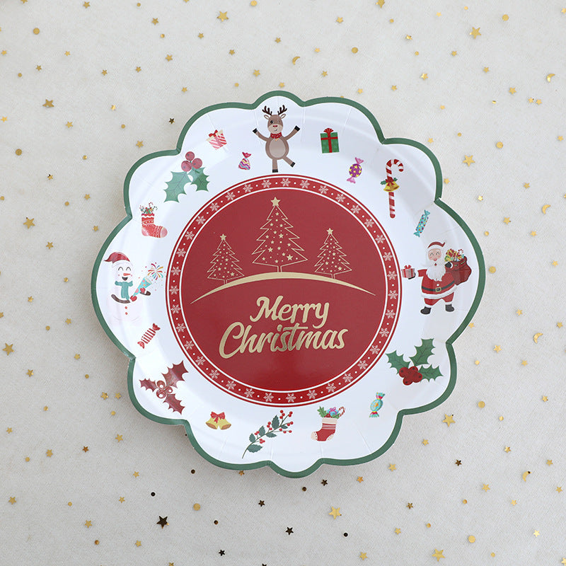 Christmas themed party supplies, lace disposable paper plates, paper cups, tissue tablecloths, dining plates, Christmas cutlery sets