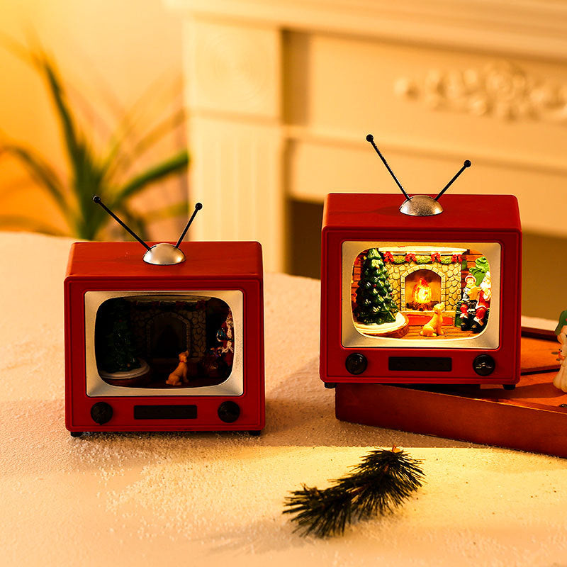 Christmas Rotating Music Box Vintage TV Ornament - Luminous Santa Desktop Decoration in 2 Designs