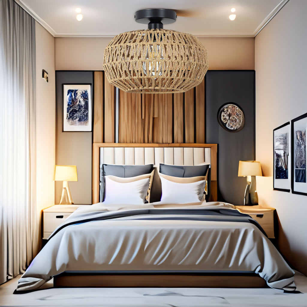 Boho Rattan Ceiling Light - Hand-Woven Flush Mount Fixture with Dimmable LED Bulb, 12" Natural Brown