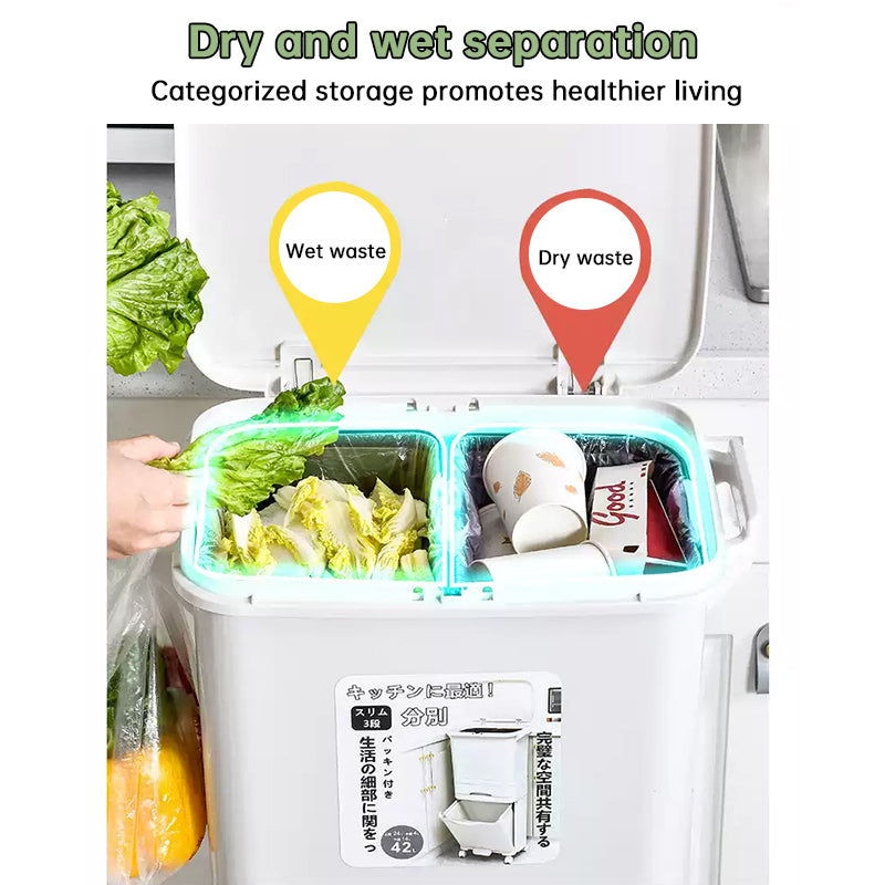 42L Kitchen Recycling Bin with Pedal & Wheels - 3 Compartment Sorting Bin