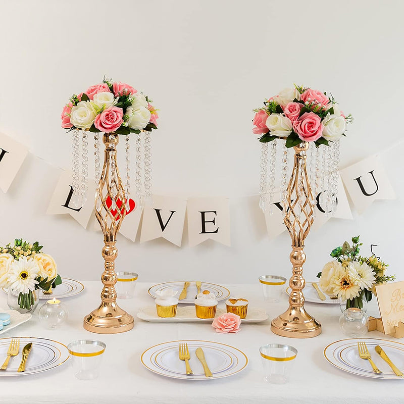 Gold-Plated Iron Flower Stand with Crystal Bead Strings – Wedding & Table Centrepiece