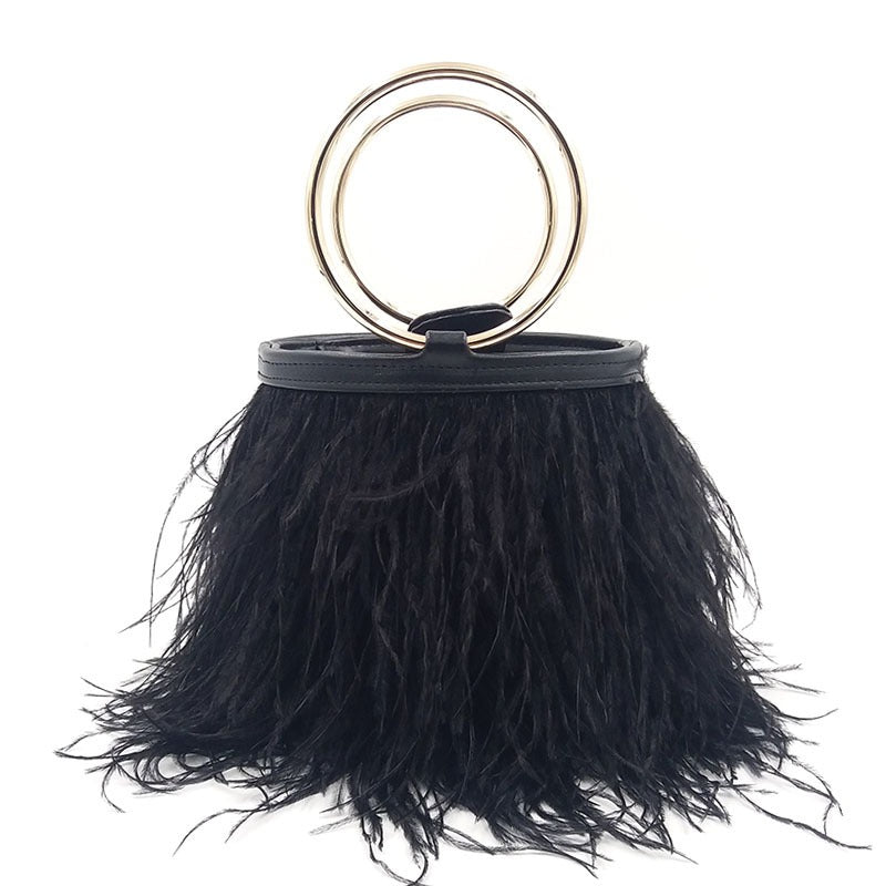 Ostrich Feather Chain Bag – Luxury Round Shoulder Bag with Ring Detail