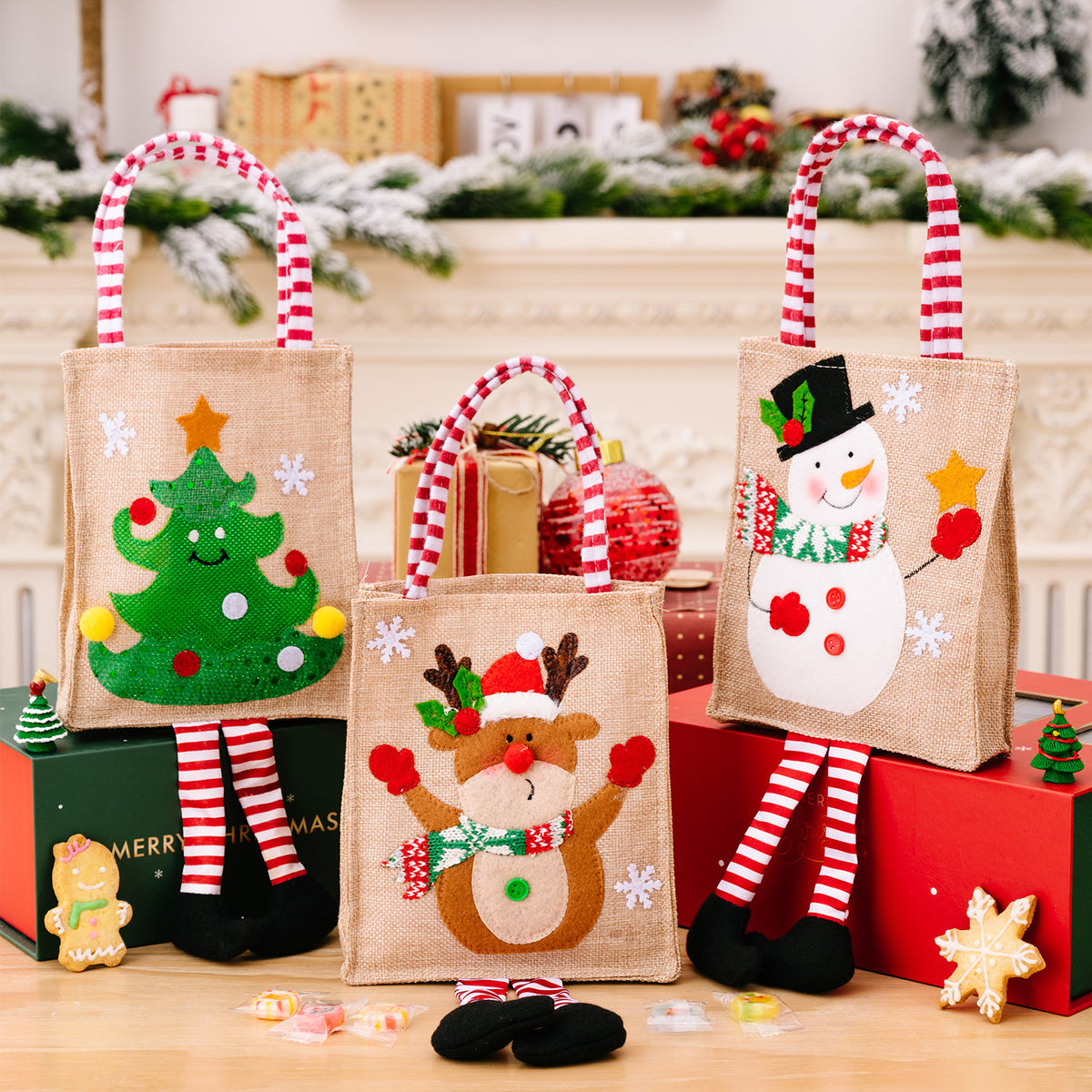 Christmas Decorative Cartoon Printed Stripe Leg Tote Bag for Kids Gift Bag
