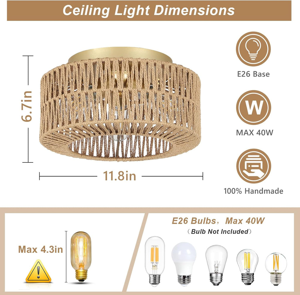 Boho 3-Light Rattan Ceiling Light - Farmhouse Flush Mount Fixture with Hand-Woven Shade, Brown & Gold
