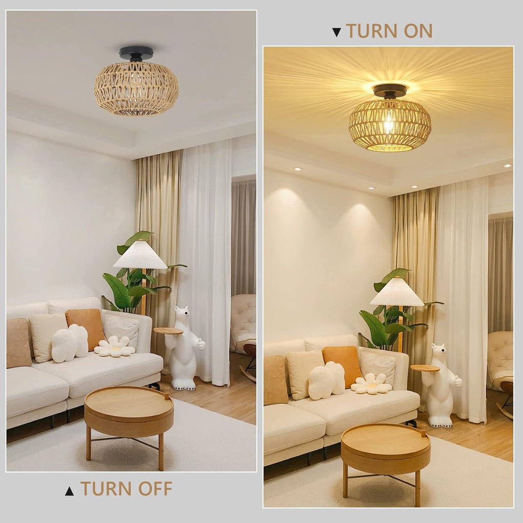 Boho Rattan Ceiling Light - Hand-Woven Flush Mount Fixture with Dimmable LED Bulb, 12" Natural Brown