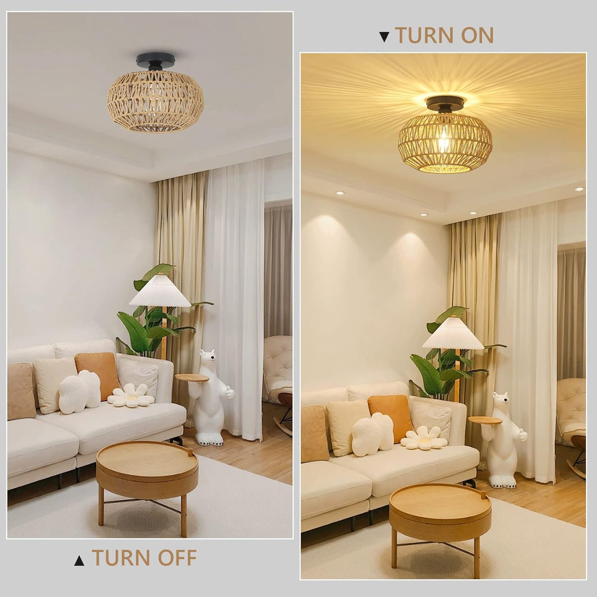 Boho Rattan Ceiling Light - Hand-Woven Flush Mount Fixture with Dimmable LED Bulb, 12" Natural Brown