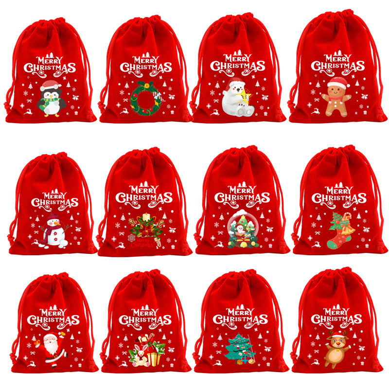 Red Velvet Christmas Drawstring Gift Bag – Festive Candy & Apple Storage Pouch