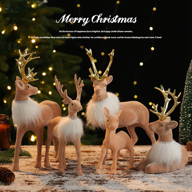 Fuzzy Plush Reindeer Family Christmas Figurine - Festive Cartoon Decoration in 5 Characters