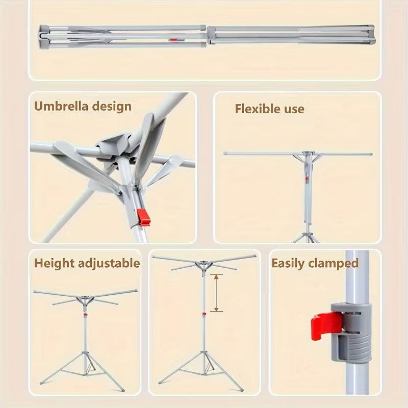 Foldable Octopus Clothes Drying Rack - Rotating 6-Arm Laundry Hanger with Windproof Hooks, Black