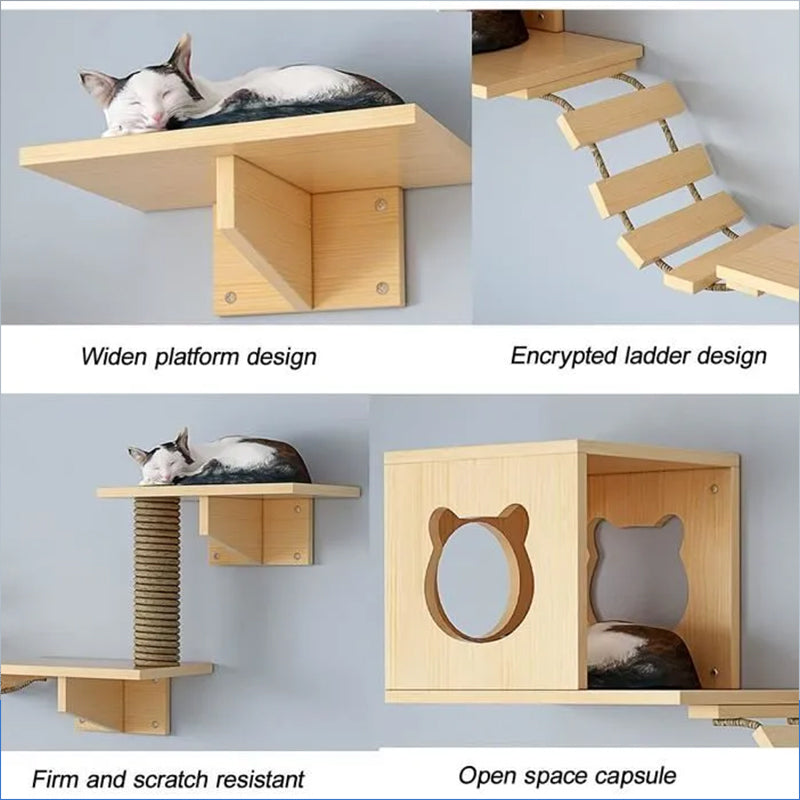 Wall-Mounted Cat Activity Centre - Hammock, Platforms & Sisal Scratch Post Set for Indoor Cats