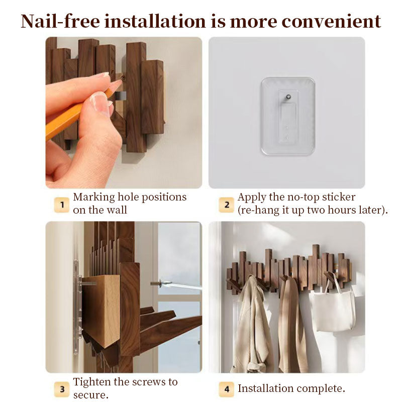 Solid Beech Wood Piano Key Wall Hook Rack - No Drill or Screw Mount, Entryway Coat and Bag Organiser