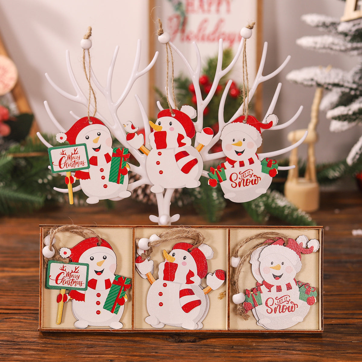 9-Piece Wooden Christmas Tree Pendant Set - Santa, Snowman & Reindeer Triple Panel Ornament