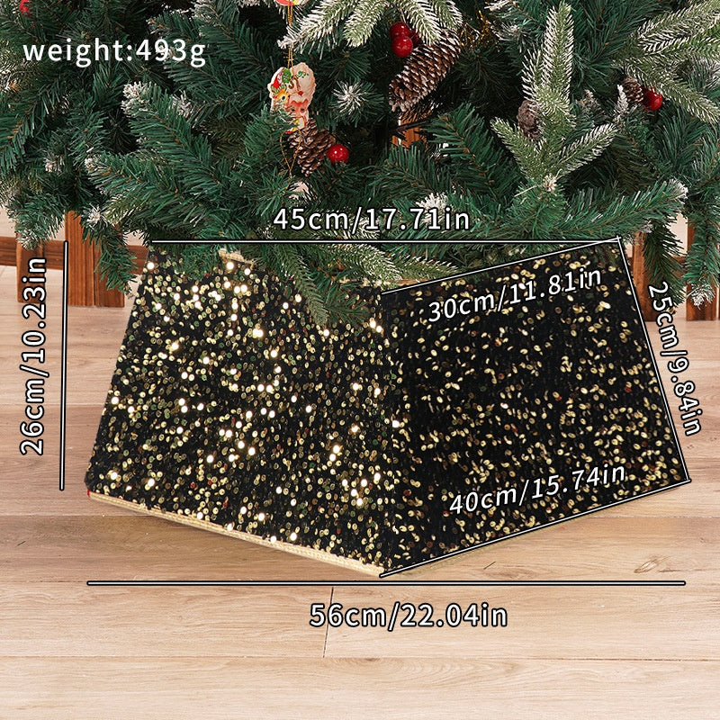 Black & Gold Sequin Christmas Tree Skirt - Glamorous Base Decoration in Round, Four-Corner & Six-Corner Styles