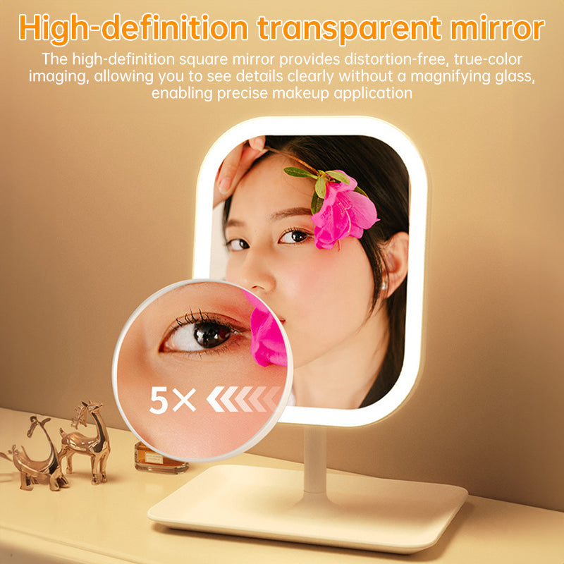 Large Square Rotating LED Makeup Mirror with Adjustable Lighting - Vanity Mirror for Bedroom and Dormitory