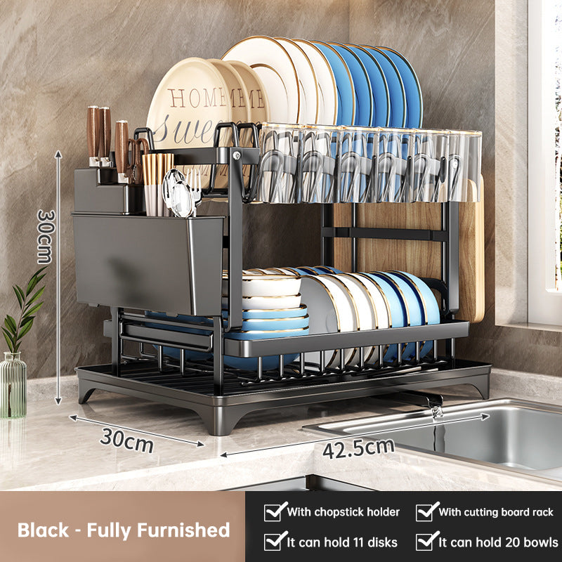 2-Tier Dish Drying Rack - Large Capacity Rustproof Carbon Steel Kitchen Drainer with Rotating Spout & Knife Holder