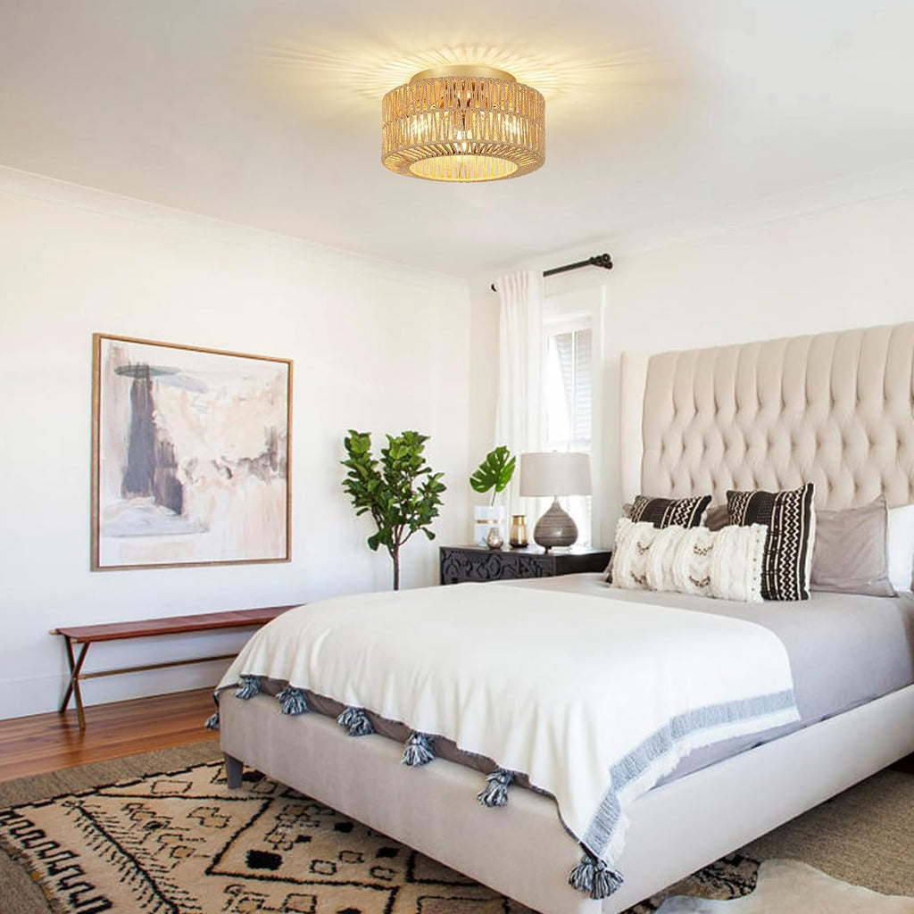 Boho 3-Light Rattan Ceiling Light - Farmhouse Flush Mount Fixture with Hand-Woven Shade, Brown & Gold