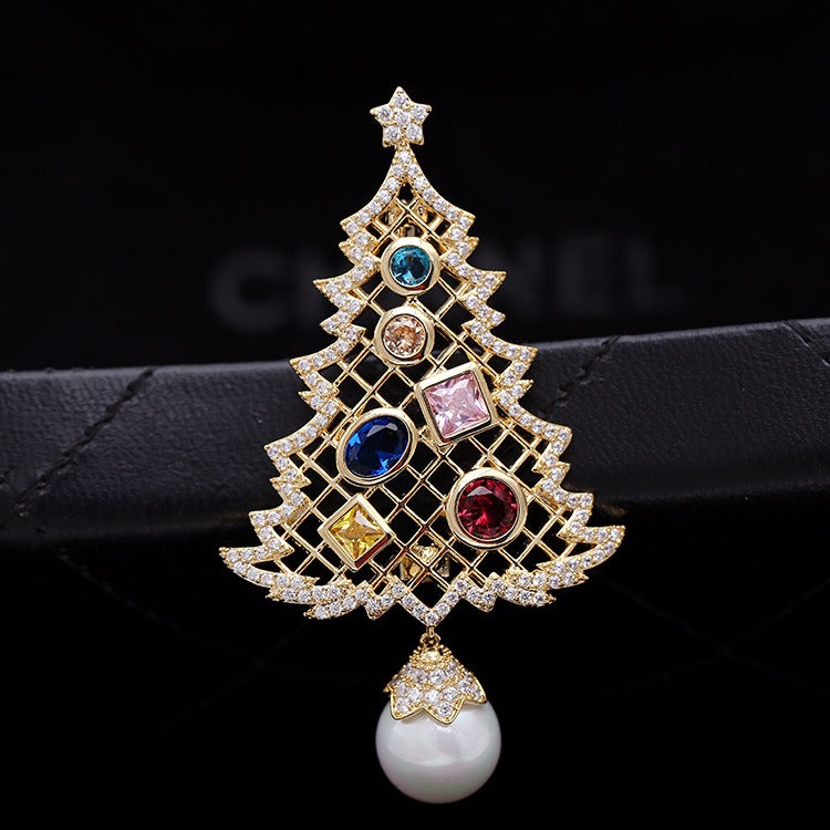 Christmas Tree Crystal Brooch Pin - Gold Dual-Purpose Festive Jewellery Accessory